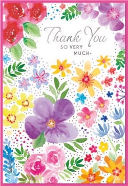 a thank you card with watercolor flowers on it .