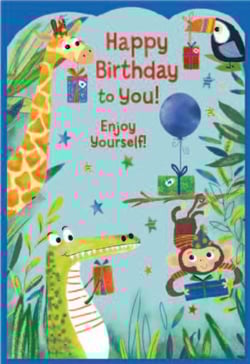 a happy birthday card with a giraffe , crocodile , monkey , and toucan .