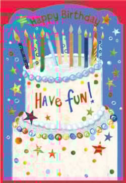 two giraffes wearing party hats are blowing party horns and holding balloons .