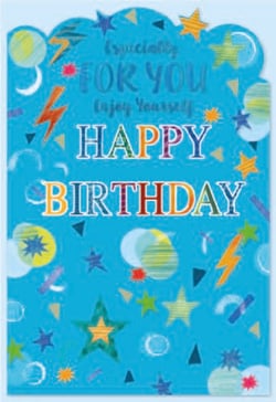 a blue birthday card that says specially for you enjoy yourself happy birthday