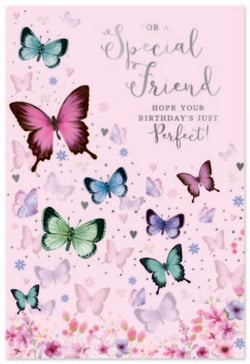 a birthday card for a special friend with butterflies and flowers