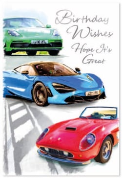 a birthday card with three sports cars and the words birthday wishes hope it 's great