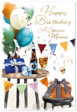 a birthday card with a bottle of beer on a table