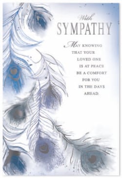 a sympathy card with peacock feathers on it