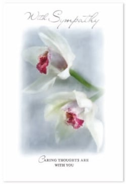 a sympathy card with two white orchids and the words `` caring thoughts are with you '' .