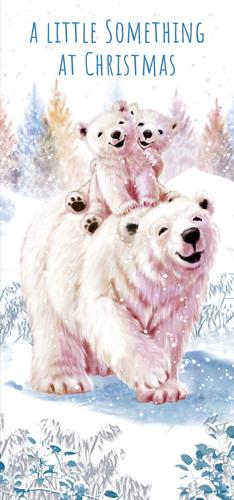 Bring a touch of festive charm to your Christmas offerings with these adorable Polar Bears Money Wallets from Nigel Quiney Publications. This heartwarming design features a mother polar bear carrying her playful cubs through a snowy, winter wonderland, perfectly capturing the magic of the season.

Each wallet is beautifully illustrated with falling snow and festive trees, and includes the sweet message "A Little Something at Christmas". They are ideal for presenting money, gift vouchers, or small tokens of appreciation to loved ones during the holidays. Available in a convenient pack of 6, these charming money wallets are sure to be a popular choice for customers seeking a delightful and memorable way to give this Christmas.