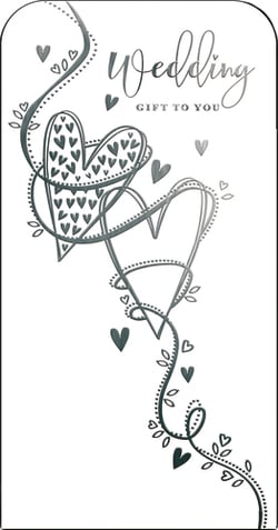 A wedding gift card with hearts and horseshoes on it.