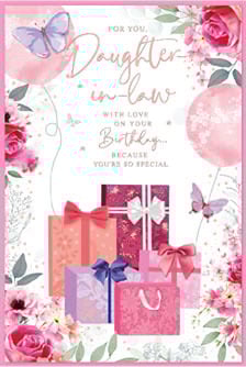 a birthday card for a daughter in law with gifts and butterflies