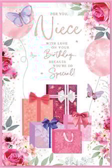 a birthday card for a niece with gifts and balloons