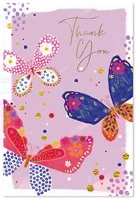 a thank you card with colorful butterflies on a purple background