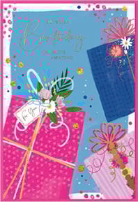 a birthday card with pink and blue gifts and flowers