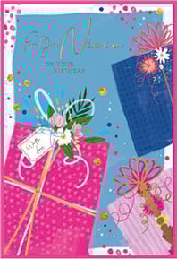 a birthday card for a niece with presents and flowers