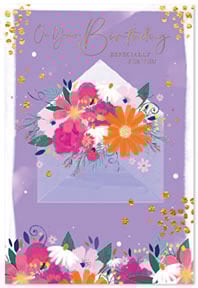 a birthday card with flowers in an envelope on a purple background .