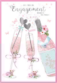 a pink engagement card with two glasses of champagne and a bottle of champagne .