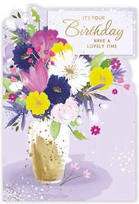 a birthday card with a vase of flowers on it