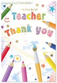a teacher thank you card with colored pencils and stars