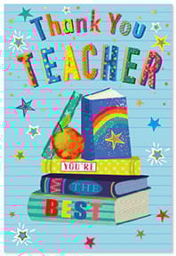 a thank you teacher card with a stack of books