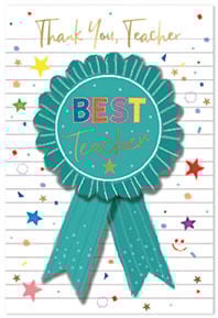 a thank you teacher card with a ribbon that says best teacher