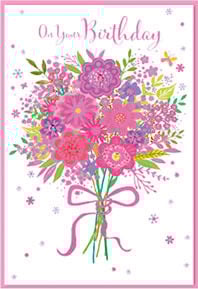 a birthday card with a bouquet of pink and purple flowers .