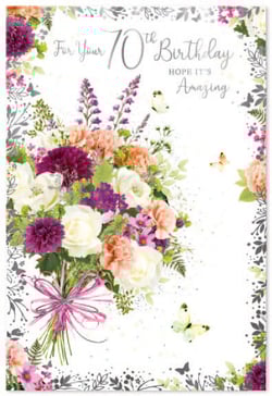 a 70th birthday card with a bouquet of flowers