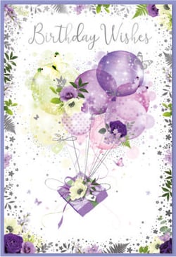 a birthday wishes card with purple balloons and flowers