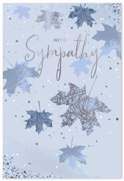 a sympathy card with blue leaves on a blue background