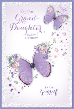 a birthday card for a granddaughter with purple butterflies