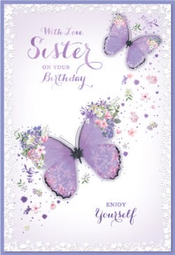 a birthday card for a sister with purple butterflies on it