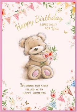 a happy birthday card with a teddy bear holding flowers