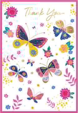 a thank you card with butterflies and flowers on it