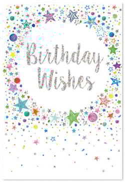 a birthday card with colorful stars and the words birthday wishes