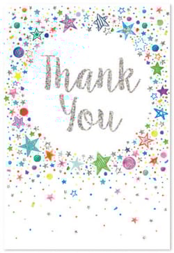 a thank you card with colorful stars on it