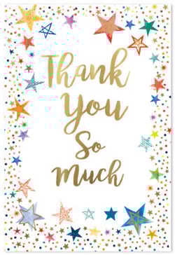 a thank you card with colorful stars and the words thank you so much