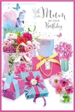 a birthday card for a woman with gifts and flowers
