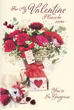 Make Valentine's Day unforgettable with this exquisite card from Simon Elvin. Featuring a breathtaking bouquet of vibrant red and pink roses, complemented by delicate baby's breath and charming heart details, this card is designed to convey heartfelt affection. The elegant script on the front reads "For My Valentine Please be mine -" and "You're So Gorgeous," making it the perfect choice for that special woman. Adorned with delightful gift illustrations and sparkling accents, it's a truly romantic gesture. Available in a convenient pack of 6, this card is an ideal addition to any retailer's Valentine's collection, ready to help customers express their love.