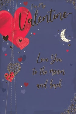 Make this Valentine's Day extra special with our beautiful 'Open Male' card from Simon Elvin. Featuring a captivating design of vibrant red hearts, shimmering gold accents, and a celestial crescent moon, this card perfectly conveys the heartfelt message, "Love You to the moon and back."

Set against a rich blue background, the intricate details and sparkling elements create a truly romantic feel. It's the ideal choice for customers looking to express their affection to any special man in their life. Stock up with this convenient 1x6 pack and ensure your shelves are ready for the season of love.