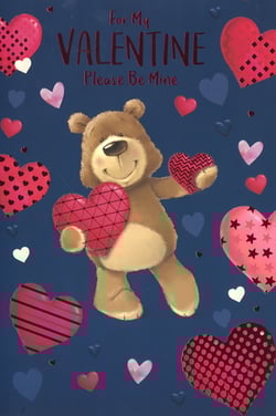Make your Valentine's Day selection truly special with this charming card from Simon Elvin. This delightful design features an adorable brown bear, beaming with joy and holding vibrant, patterned hearts against a deep blue backdrop. The heartfelt message, "For My VALENTINE Please Be Mine," makes it an ideal choice for expressing affection.

As an 'Open Male' card, it offers versatile appeal for any male recipient, from friends to loved ones. Perfect for retailers looking to stock popular Valentine's options, this product comes in a convenient pack of 6. Ensure your customers can share their love this Valentine's season!