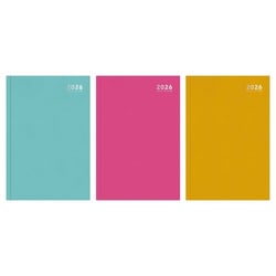 a blue , pink and yellow diary with the year 2026 on it .