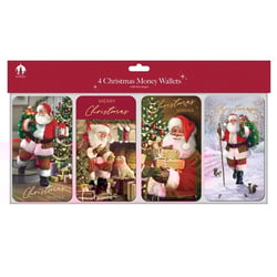 Bring festive cheer to your customers' gifting this Christmas with these delightful 4 Traditional Money Wallets from Tallon. Each pack contains four charming wallets, complete with envelopes, perfect for presenting money or gift cards in style.

These wallets feature a wonderful array of traditional Santa Claus designs, capturing the true spirit of the season. Scenes include Santa delivering gifts by a twinkling Christmas tree, sharing a moment with playful pets by the fireplace, and a snowy stroll with woodland creatures. There's a heartwarming design for everyone.

Stock up for the festive season with our convenient pack size of 1x12, ensuring your shelves are ready for the Christmas rush. These beautifully designed money wallets are a must-have for any festive display, offering a thoughtful and attractive way to give a monetary gift.
