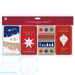 Make gifting money or vouchers extra special this festive season with our charming 4 Kraft Money Wallets. Each pack features four unique and beautifully designed wallets, complete with envelopes, perfect for adding a personal touch to your Christmas presents.

Discover a delightful array of designs, from a serene winter wonderland scene with Santa's sleigh and 'Festive Wishes', to a bold red wallet proclaiming 'Have yourself a Merry little Christmas'. You'll also find a rustic kraft design adorned with stars and trees, wishing a 'merry christmas', and a classic red bauble design with the message 'It's the most Wonderful time of the year'. These wallets blend traditional festive colours with a lovely kraft aesthetic, ensuring your thoughtful gift stands out.