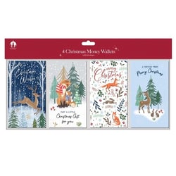 Make gifting money or vouchers extra special this Christmas with our delightful 4 Woodland Money Wallets from Tallon. Each pack contains four beautifully designed wallets, complete with envelopes, featuring charming festive scenes.

Discover enchanting illustrations of beloved woodland creatures, including graceful deer, playful foxes, and adorable rabbits, set against snowy backdrops and lush winter foliage. With heartfelt messages like 'Christmas Wishes' and 'Merry Christmas', these wallets add a touch of magic to any gift. Perfect for spreading festive cheer, they're a wonderful way to present a thoughtful present to loved ones this holiday season.