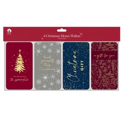 Make gifting money or gift cards extra special this festive season with our delightful 4 Contemporary Money Wallets from Tallon. Each pack contains four unique and beautifully designed wallets, complete with envelopes, perfect for adding a touch of elegance to your Christmas presents.

Featuring a mix of rich colours like deep red, sophisticated grey, and classic navy, adorned with sparkling gold accents, festive trees, delicate snowflakes, and charming botanical patterns. Messages include 'Tis the season to sparkle', 'treat yourself this Christmas', 'Christmas GIFT', and 'a gift for you'. These wallets offer a stylish way to present monetary gifts.

Available in a convenient wholesale pack of 12, they're ideal for retailers looking to offer customers a premium and contemporary gifting solution this Christmas.