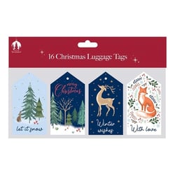 Add a touch of woodland charm to your Christmas gifts with these delightful 16 Woodland Luggage Gift Tags from Tallon. Each pack contains 16 beautifully designed tags, featuring four unique and enchanting illustrations. Discover a graceful deer, a playful fox, a cute rabbit amongst snowy pines, and a classic "merry Christmas" scene. With sweet messages like "let it snow," "Winter wishes," and "With love," these tags are perfect for adding a personal and festive flourish to presents. Ideal for Christmas gifting, they also make wonderful decorative accents. Stock up on these charming tags, supplied in a convenient pack of 12, and bring a little festive wonderland to your customers' celebrations.
