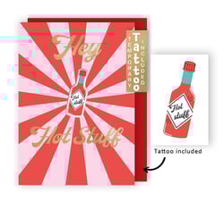a red and pink greeting card that says hey hot stuff
