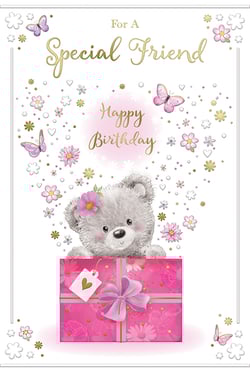 a birthday card for a special friend with a teddy bear in a pink gift box