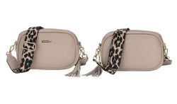 two handbags with leopard print straps on a white background .