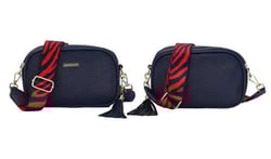 two handbags with red straps and tassels on a white background .