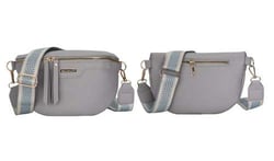 two gray bags with blue straps on a white background .