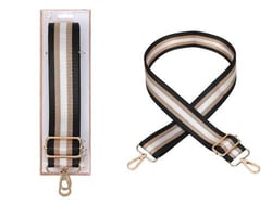 a black , white and gold striped purse strap with gold hooks .