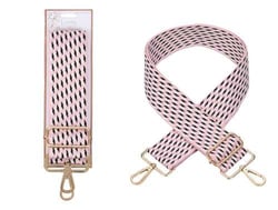 a pink and black strap with gold hooks on a white background .